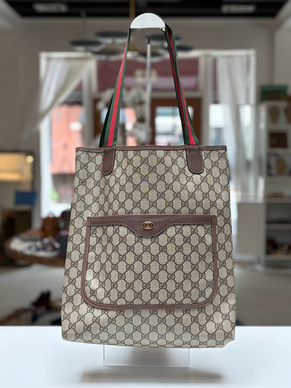 Gucci Beige GG Canvas Tote with Brown Trim and Green-Red Web Straps